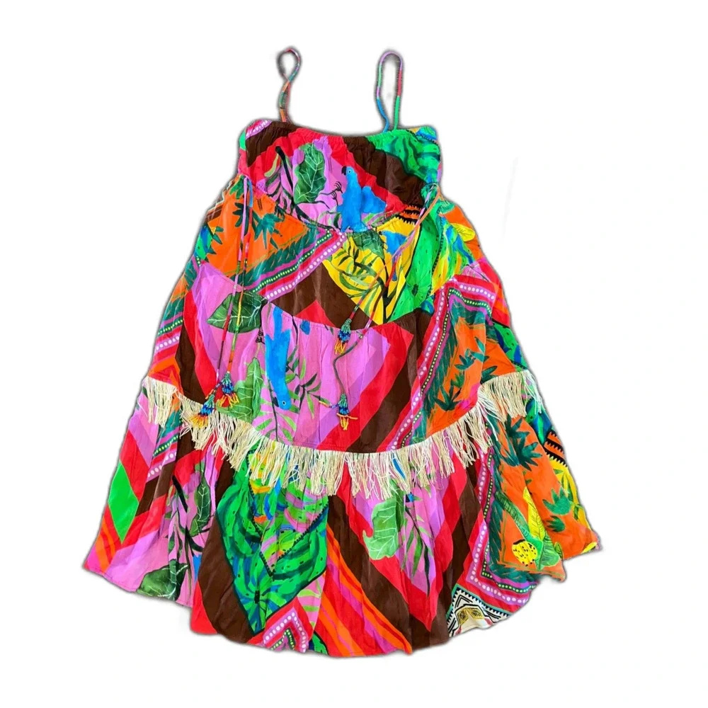NWT Anthropologie Farm Rio Palila Fringed Midi Dress Women Small Multicolor